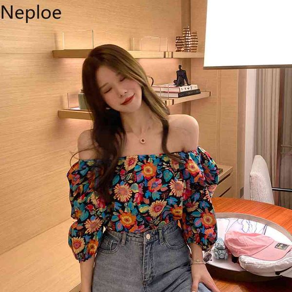 

neploe vintage sunflower print blouse women summer slash neck two wear off shoulder casual puff short sleeve shirts 210422, White