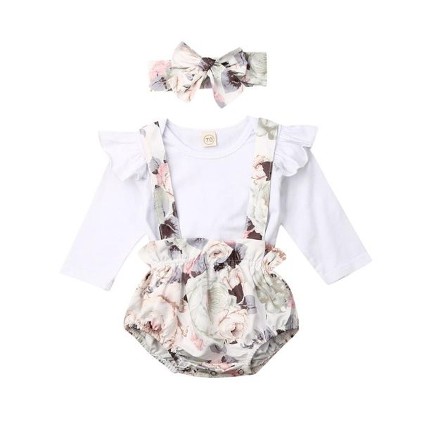

clothing sets born baby girl clothes solid color long sleeve romper strap flower print short pants headband 3pcs outfits set for 0-24m, White