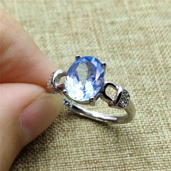 

cluster rings 9x8mm genuine natural z blue gemstone ring adjustable size clear bead for woman men 925 sterling silver, Golden;silver