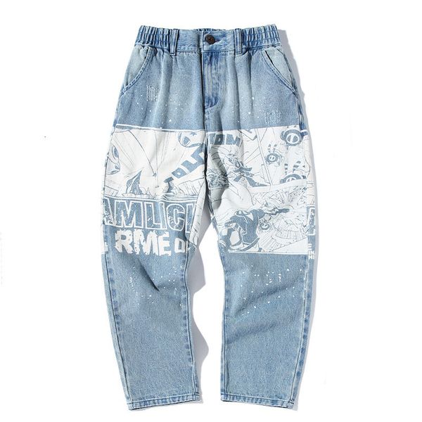 

jeans arrival spring light color printed youth baggy straight large pants zipper fly character loose full length jeans men, Blue