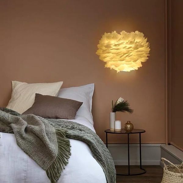 Wandlampen Nordic Romantische Wandlampen Reine weiße Federlampe für Nachttisch Esszimmer Kinder Leseschlafzimmer