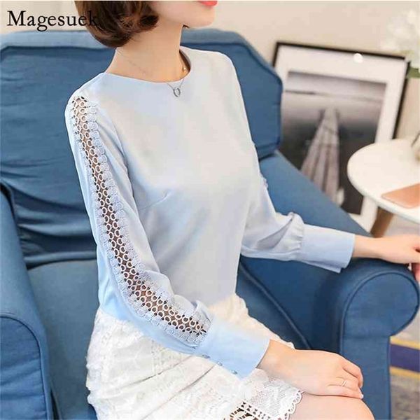 

autumn o-neck slim chiffon blouse long sleeve loose shirt women solid clothes chic casual lady clothing 821f 210512, White