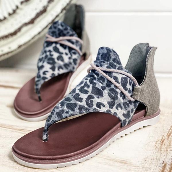 

sandals women casual vintage leopard print flip flop 2021 summer open toe non-slip zipper wedges beach shoes plus size, Black