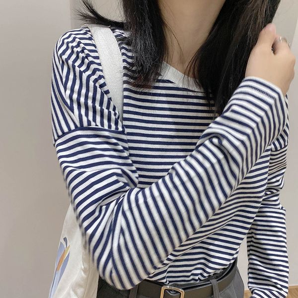 

women's t-shirt 100% cotton round collar loose striped long sleeved t-shirts womens autumn new korean style casual basic t-sh, White