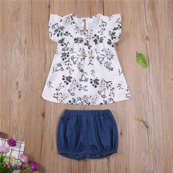 

clothing sets 0-36m baby girl summer 2pcs outfits fashion floral short dress and solid color denim pants born girls set, White