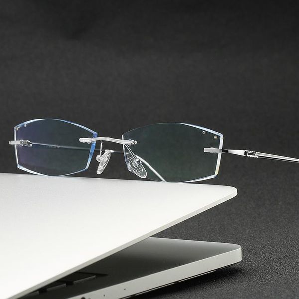 

fashion sunglasses frames zirosat 9079 titanium male rimless eyewear diamond trimmed myopia spectacle frame men tint lenses, Black