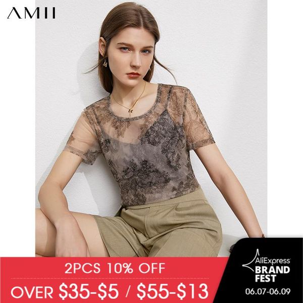 

women's t-shirt amii minimalism summer shirt fashion printed oneck loose thin causal chiffon tshirt 12140399, White