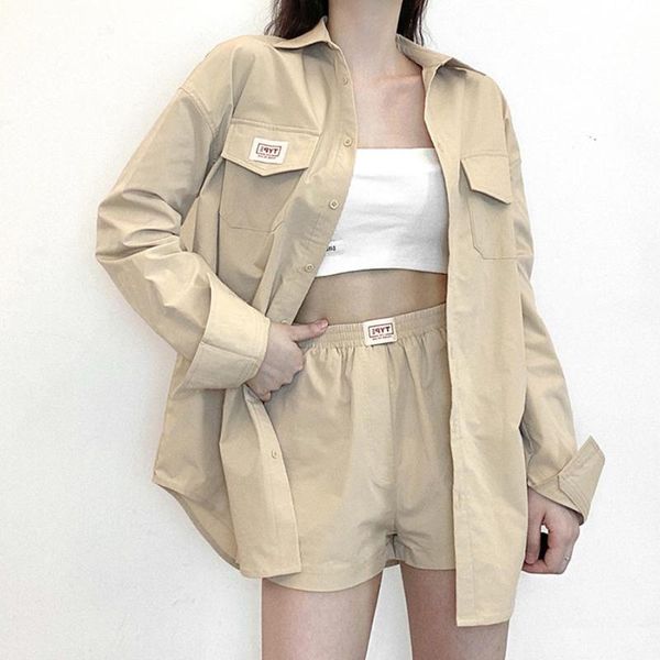 

women's tracksuits vetement femme 2021 women solid color street wear with lapel long shirt high waist shorts sets tooling two piece set, Gray