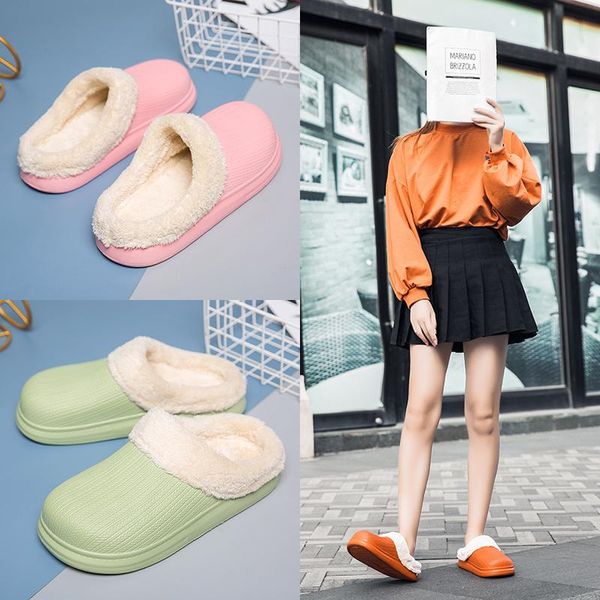 

slippers cotton women's home in autumn and winter, plus velvet to keep warm, with shoes, waterproof non-slip, Black