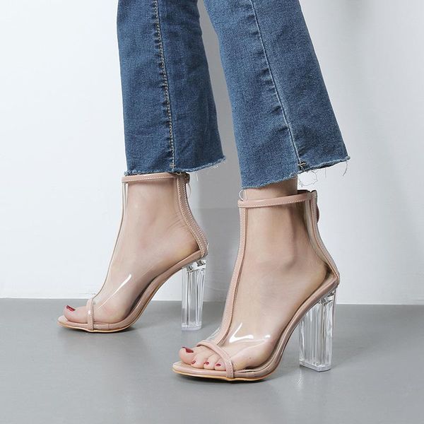 

sandals 2021 summer high heels fish mouth transparent zipper crystal thick heel women's naked boots, Black