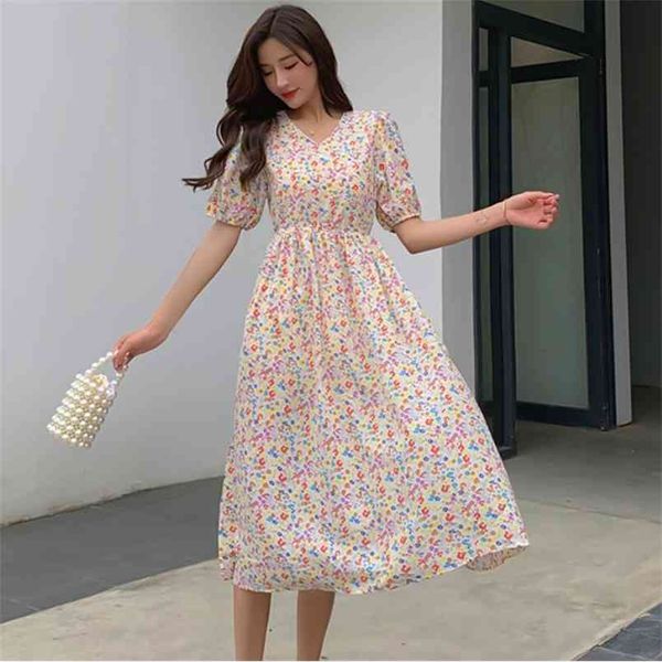 

summer women french style vintage boho chiffon dress puff sleeve casual elegant floral print fashion 210519, Black;gray