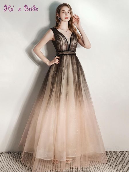 

party dresses he's bride blingbling deep v-neck sequined evening dress gradient color formal prom gown elegant birthday banquets, White;black