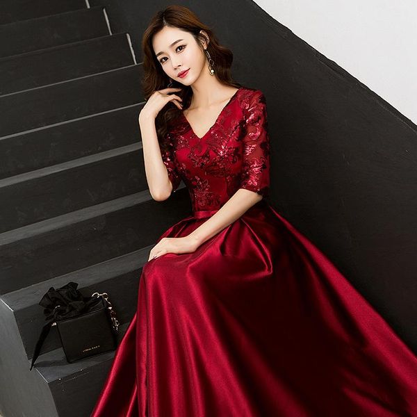

ethnic clothing exquisite sequins trim elegant formal party dress female v-neck backless pleated dresses s-3xl temperament banquet gown, Red