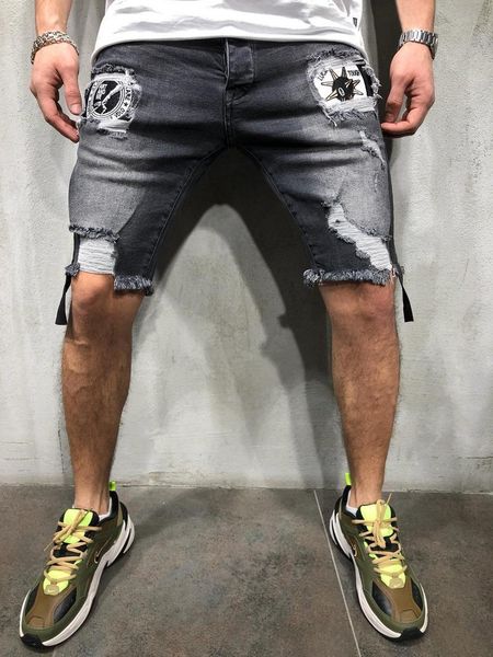 Jeans masculinos Mens Summer Hole Denim Shorts Moda Bordada Hip-Hop Slim Blue Light S-3xl