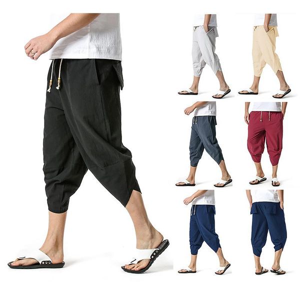 

men's harem cropped trousers, wide-leg summer linen pants, Black