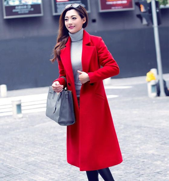 

women's wool & blends casual fashion warm long woolen winter coats slim coat and jacket solid double breasted ladies, Black