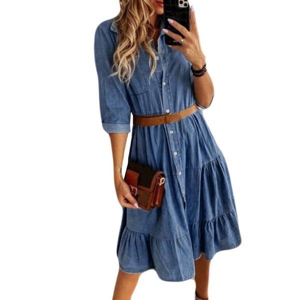 

korean dress women lmitation cowboy long sleeve denim dresses elegant streetwear turn down collar shirt woman vestidos casual, Black;gray