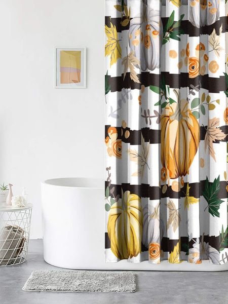 

cyncelia fall shower curtain autumn watercolor pumpkins flowers leaves striped pattern thanksgiving halloween design recipe