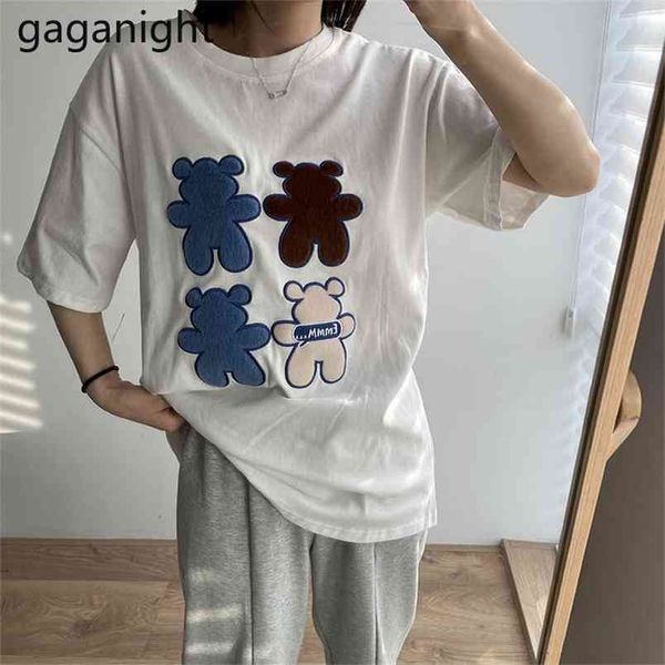 

basic cotton t-shirts for women short sleeve summer t shirt cute bear cartoon tee casual woman clothing 210601, White