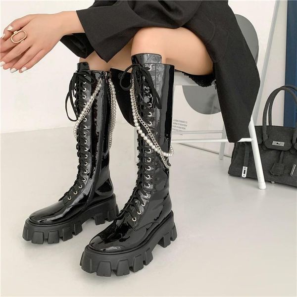 

boots autumn women shoes patent leather knee high winter round toe chain platform knight riding boot, Black