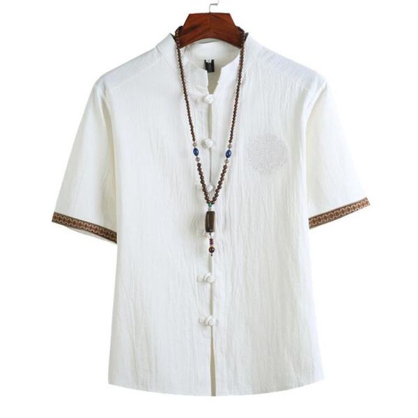 

chinese style men shirt button stand collar short sleeve casual loose solid color vintage tang suit shirts 5xl men's, White;black