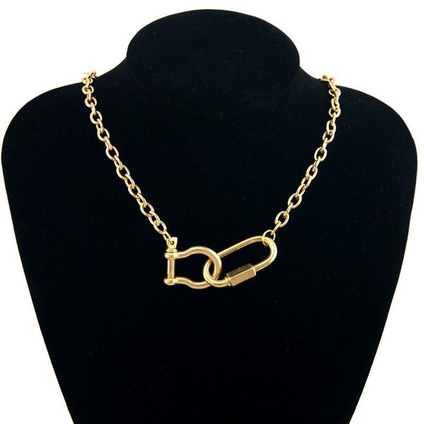 

pendant necklaces hiphop rock necklace for women men stainless steel heavy cable chain shackle carabiner snap hook u clasp fashion choker, Silver