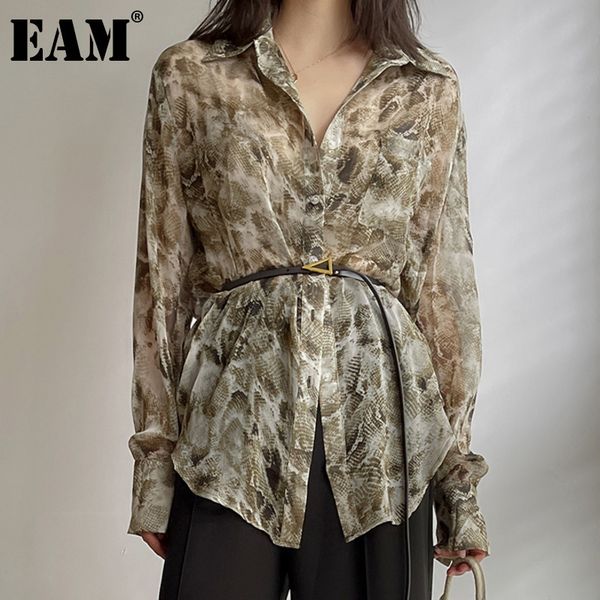 

[eam] women print big size pocket casual blouse lapel long sleeve loose fit shirt fashion spring summer 1dd7332 210512, White