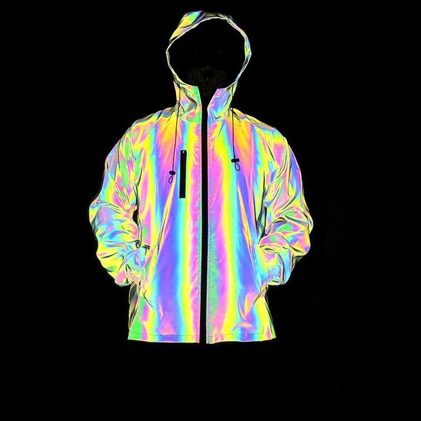 

new 2021 autumn winter coat men's dazzling color reflective jacket rainbow laser trendsetter large top, Black