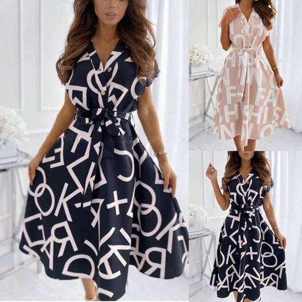 

lucyever elegant letter print knee high dress women v-neck high waist a line dress female short sleeve beach vestidos woman 210521, Black;gray
