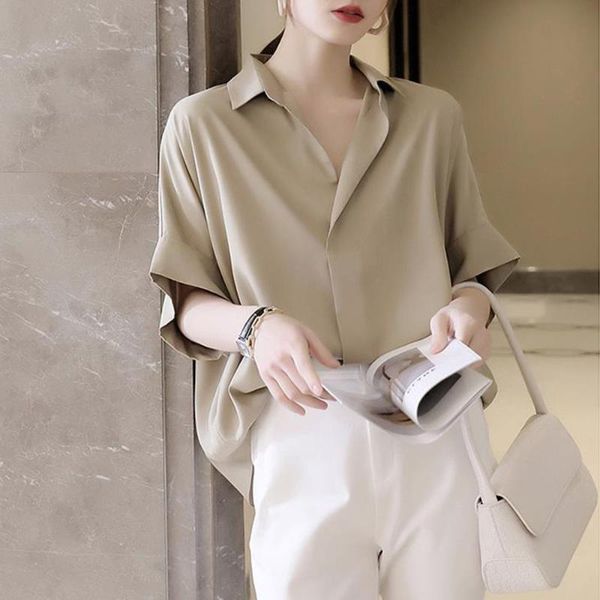 

women's blouses & shirts 2021 summer solid color loose casual simplicity v-neck blouse fashion temperament, White