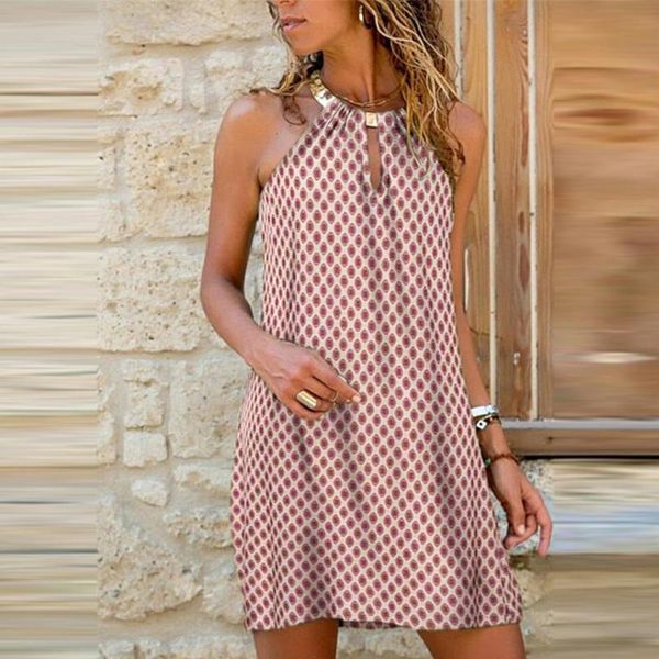 

casual dresses women's robe femme dress fashion metal hanging neck diamond print sleeveless jurken zomer 2021 dames vestidos, Black;gray