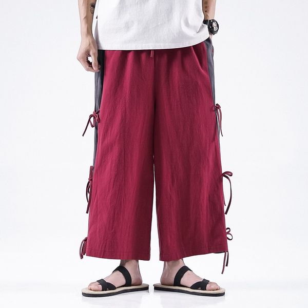 

2021 men wide leg pants mens cotton joggers retro loose trousers man chinese style linen pants male big lace up robe pants 12110, Red