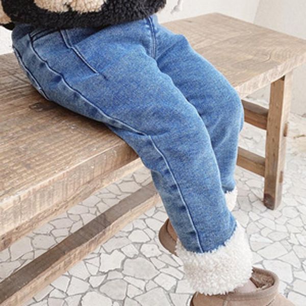 

children 's fleece thick jeans winter girls' flanging casual pants, Blue