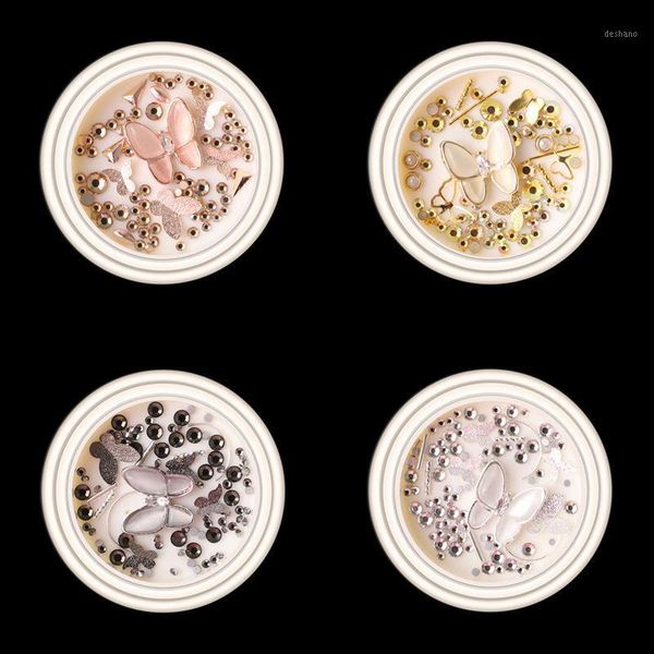 

box of 3d nail art decoration mixed design rhinestone opal butterfly metal accessories decorations1, Silver;gold