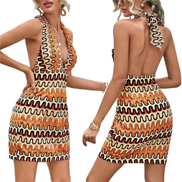 

casual dresses women summer bohemian dress adults sleeveless printed deep v-neck halterneck, Black;gray