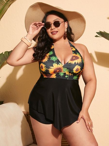 

plus floral print hanky hem bikini swimsuit a1a4#, Black