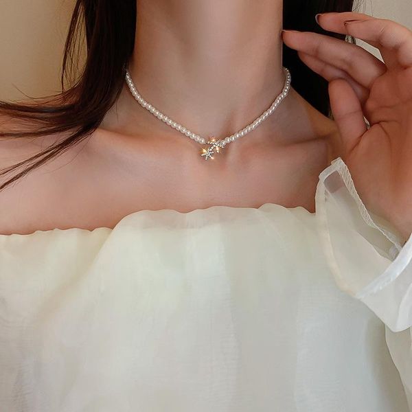 

chokers french round bead inlaid six-pointed star necklace niche temperament wild design retro simple elegant fashion clavicle chain, Golden;silver