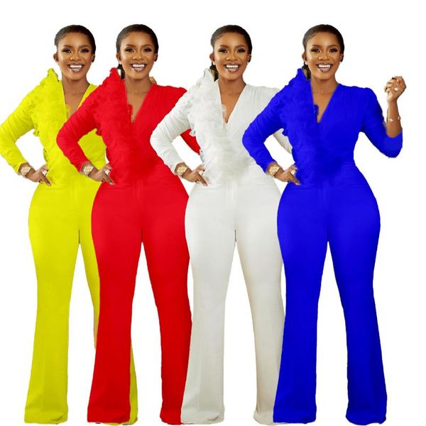 

african clothes for women 2021 spring and summer long sleeve v-neck solid color jumpsuit ethnic clothing, Red