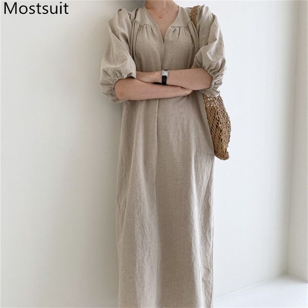 Coreano di Lino di Cotone Delle Donne Lungo Maxi Vestito di Estate Mezza Manica Con Scollo A V Vita Allentata Abiti Moda Casual Solid Abiti 210513