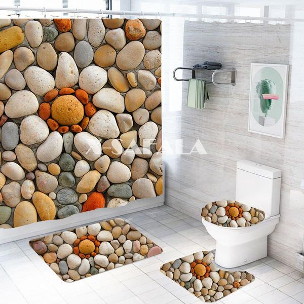 

toilet seat covers cobblestone bathroom decor mildew-proof waterproof shower curtain+ non slip pedestal rug+ lid cover-3