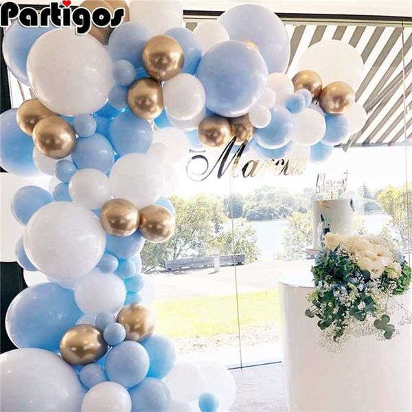 121 pcs macaron pastel azul branco ouro cromado balão guirlanda casamento parada criança festa de festa de bebê decoração globos 211216