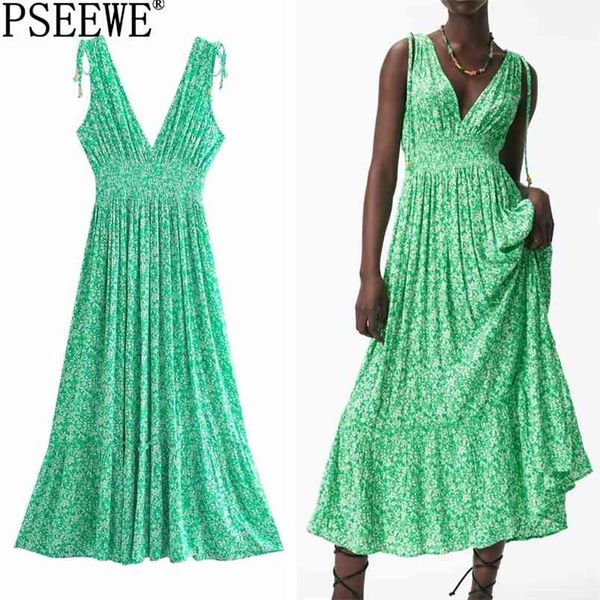 Verde Floral Vestido Longo Mulheres Verão Sem Mangas Ruched Gravata Ruffle Midi Tanque Mulher Boho Beach Casual Es 210519