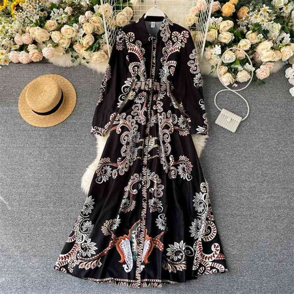 

spring autumn women's dress retro print lapel puff sleeve korean mid-length female es gx086 210507, Black;gray