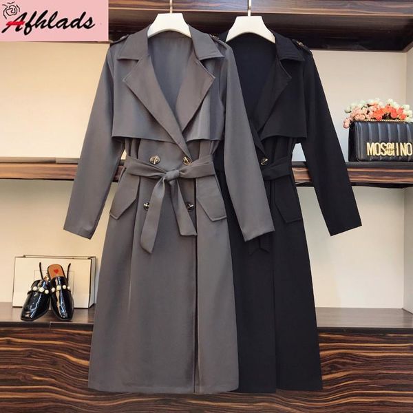 

women's jackets autumn plus size solid color double-breasted black jacket turn-down collar loose fashion casual outerwear with belt, Black;brown