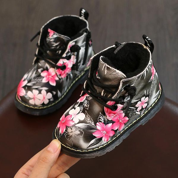 

floral print winter boots baby shoes girls princess cotton, Black;grey