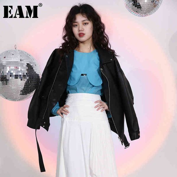 

[eam] loose fit green big size pu leather jacket lapel long sleeve women coat fashion spring autumn la93801 210512, Black