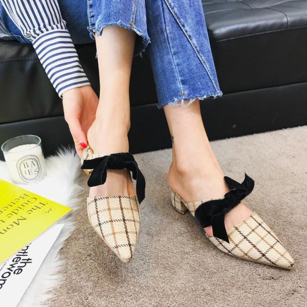 

drop 2021 autumn genuine leather bowknot pointed toe flat woman slippers slip on butterfly loafers mules flip flop, Black
