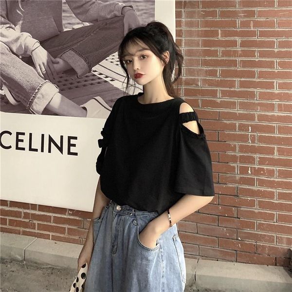 

women's t-shirt black strapless design round neck short sleeve for women summer 2021 korean style loose slimming fashion, White