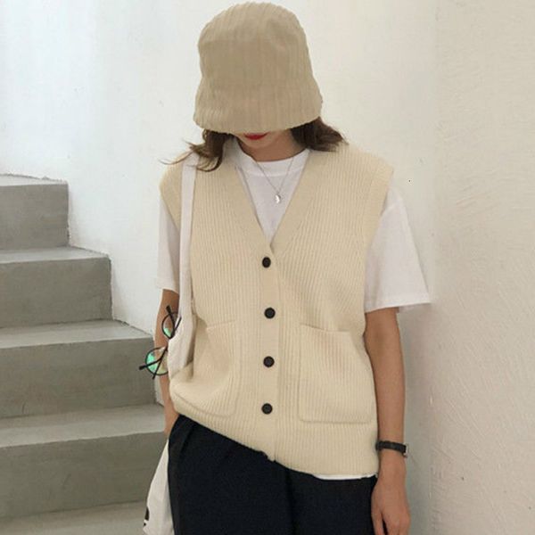 

women's vests knitted sweater vest women soft stretchy simple basic daily v-neck solid open-stitch female street-wear vintage korean al, Black;white