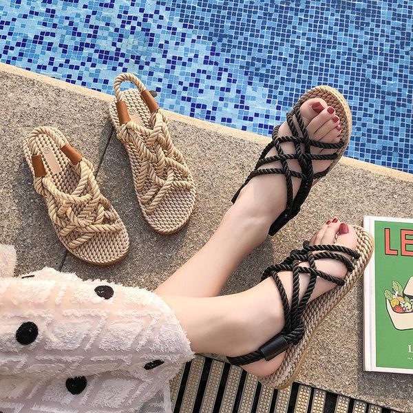 

sandals summer style korean flat-bottomed rope cross-lacing women's shoes comfortable open-toed casual beach, Black